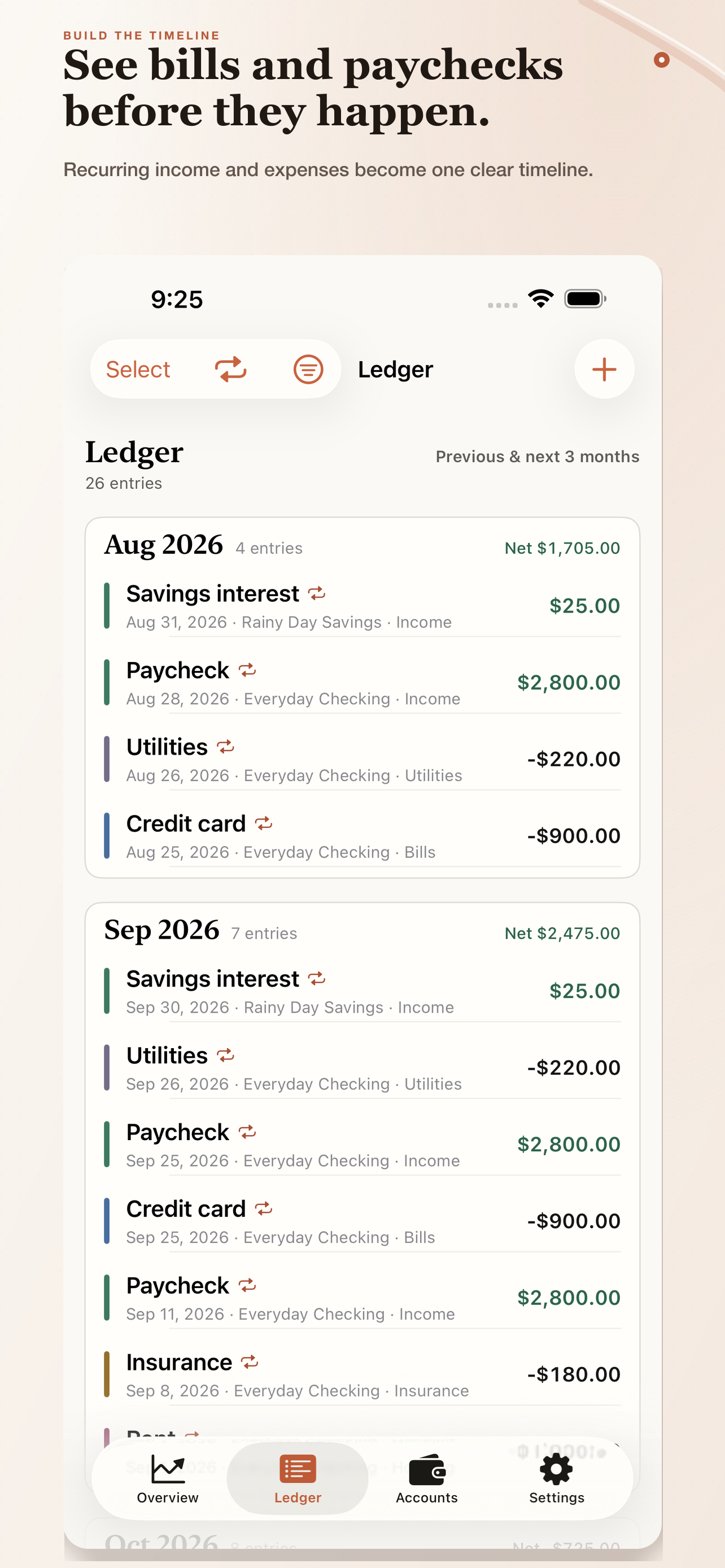 Balance Window ledger showing paychecks, rent, credit card and utilities